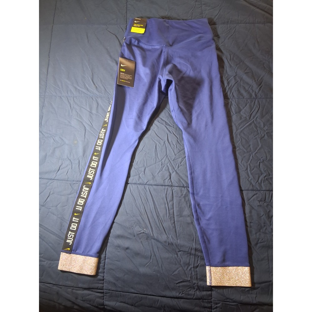 Nike One Training Tights Blue Just Do It Gold Cuff Leggings BV5366-455 Womens S